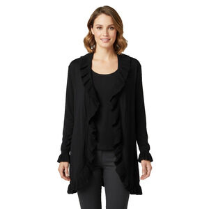 Misook Black Ruffled Knit Long Cardigan Sweater Jacket Size M 100% Acrylic